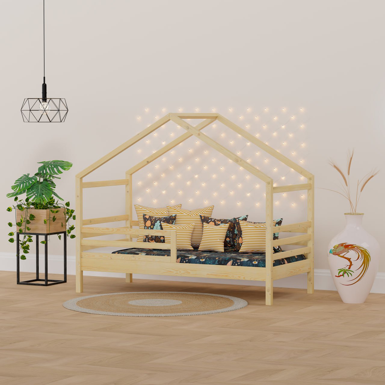 Einzelbett 90x200 Nischenhaus aus massivem Kiefernholz mit Boden und Seiten, lackiert