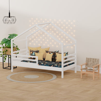 Einzelbett 90x200 Nischenhaus aus massivem Kiefernholz mit Boden und Seiten, mit weißem Wachs bedeckt