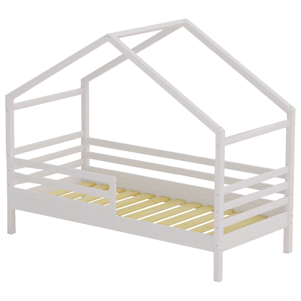 Einzelbett 90x200 Nischenhaus aus massivem Kiefernholz mit Boden und Seiten, mit weißem Wachs bedeckt