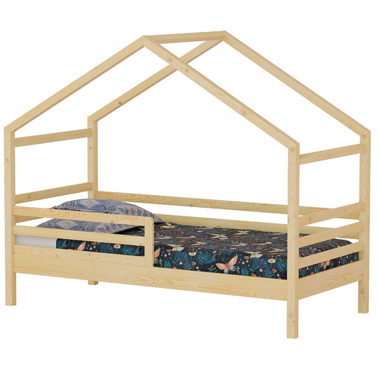 Einzelbett 90x200 Nischenhaus aus massivem Kiefernholz mit Boden und Seiten, lackiert