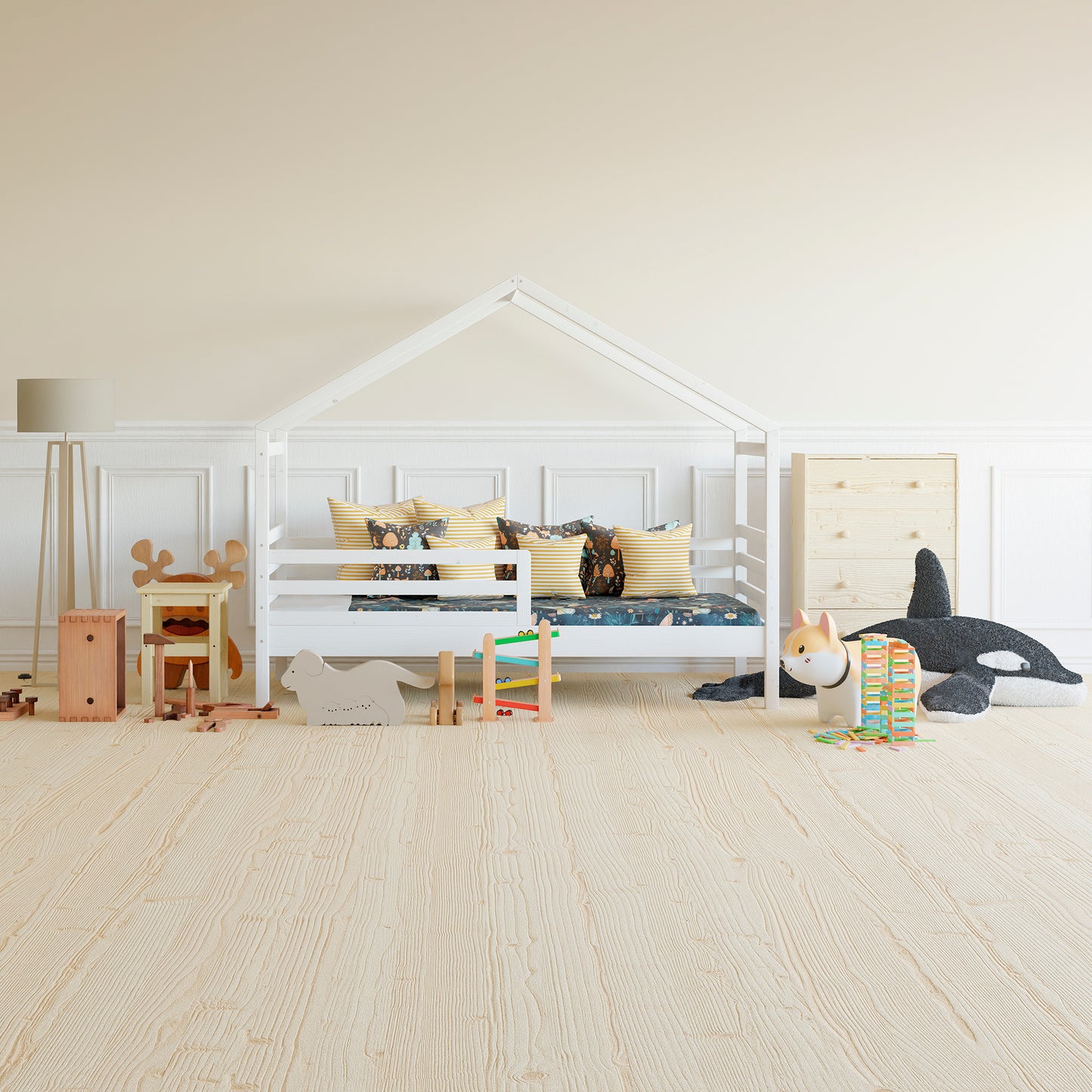Einzelbett 90x200 Nischenhaus aus massivem Kiefernholz mit Boden und Seiten, mit weißem Wachs bedeckt