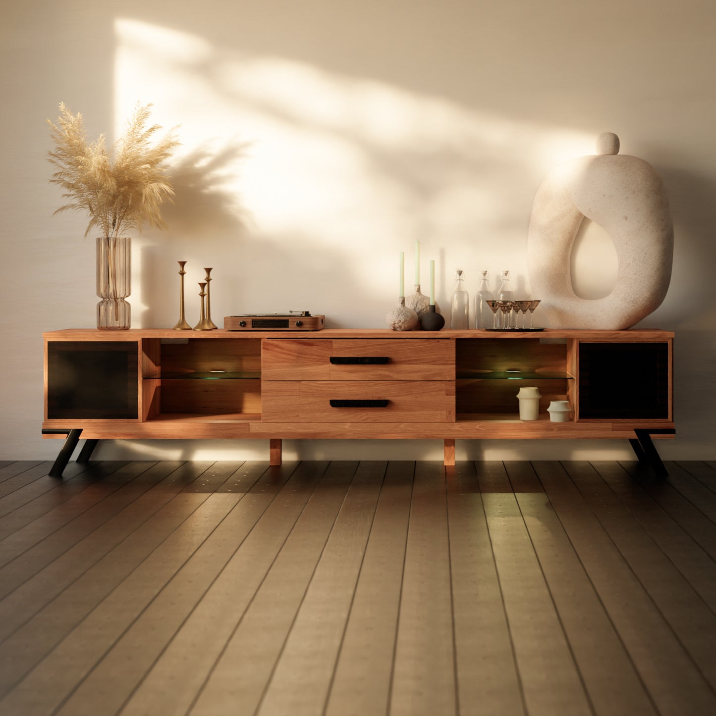 TV-Schrank "Luleälven" 220 cm, Eiche massiv, mit Regalen für Lautsprecher